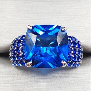 6 Carat Square Cushion Lab Created Blue Spinel Rhodium 925 Sterling Silver Ring